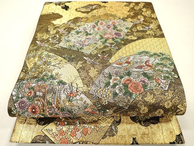 平和屋着物▼六通柄袋帯　唐織　扇面翔鶴花　金銀糸　正絹　逸品　DABH7675fe