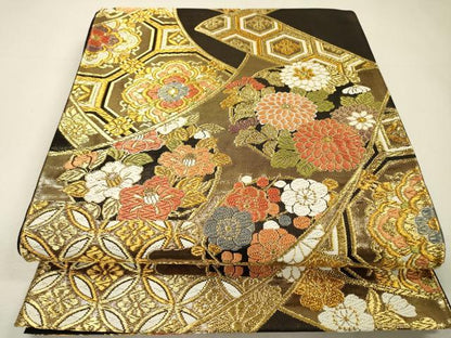 平和屋着物▼六通柄袋帯　唐織　吉祥正倉院花文　金銀糸　正絹　逸品　DABH7685fe