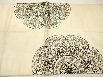平和屋着物▼太鼓柄袋帯　総刺繍　花絵皿文　銀通し地　正絹　逸品　DABH7697fe