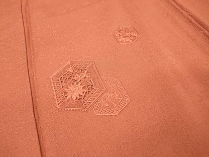 平和屋着物▼中国三大刺繍　スワトウ刺繍　汕頭刺繍　総刺繍　無地絵羽訪問着　亀甲花文　銀朱色　正絹　逸品　DABH7712fe