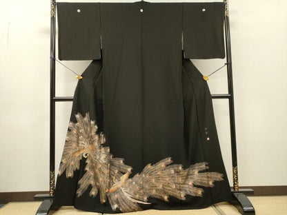 平和屋着物▼ちぎり絵女流作家　谷口妙絵　黒留袖　孔雀　金彩　正絹　逸品　DABH7721fe