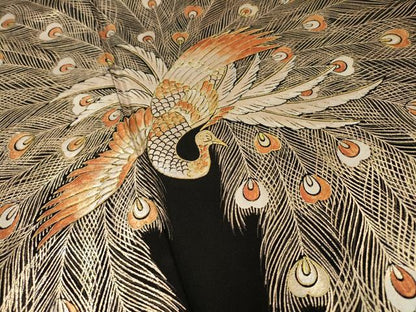 平和屋着物▼ちぎり絵女流作家　谷口妙絵　黒留袖　孔雀　金彩　正絹　逸品　DABH7721fe
