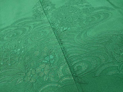 平和屋着物▼中国三大刺繍　スワトウ刺繍　汕頭刺繍　総刺繍　無地絵羽訪問着　雪輪花文　緑青色　正絹　逸品　DABH7732fe