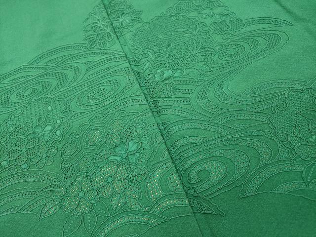 平和屋着物▼中国三大刺繍　スワトウ刺繍　汕頭刺繍　総刺繍　無地絵羽訪問着　雪輪花文　緑青色　正絹　逸品　DABH7732fe