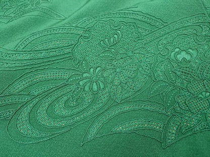 平和屋着物▼中国三大刺繍　スワトウ刺繍　汕頭刺繍　総刺繍　無地絵羽訪問着　雪輪花文　緑青色　正絹　逸品　DABH7732fe