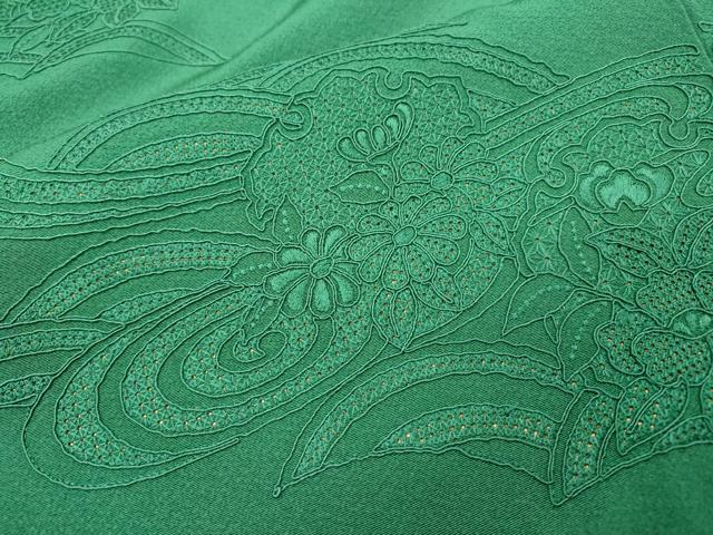 平和屋着物▼中国三大刺繍　スワトウ刺繍　汕頭刺繍　総刺繍　無地絵羽訪問着　雪輪花文　緑青色　正絹　逸品　DABH7732fe