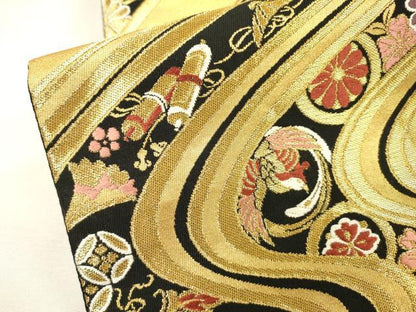 平和屋着物▼六通柄袋帯　唐織　流水宝尽くし花鳥文　金糸　正絹　逸品　DABH7746fe