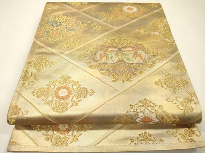 平和屋着物▼六通柄袋帯　向かい鳥花唐草菱文　金糸　引箔　正絹　逸品　DABH7749fe