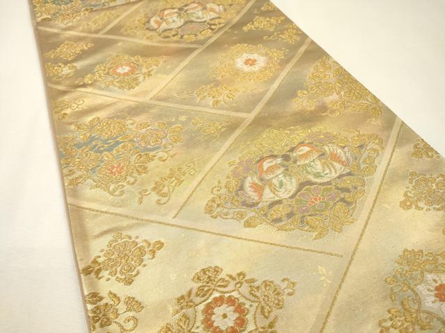 平和屋着物▼六通柄袋帯　向かい鳥花唐草菱文　金糸　引箔　正絹　逸品　DABH7749fe