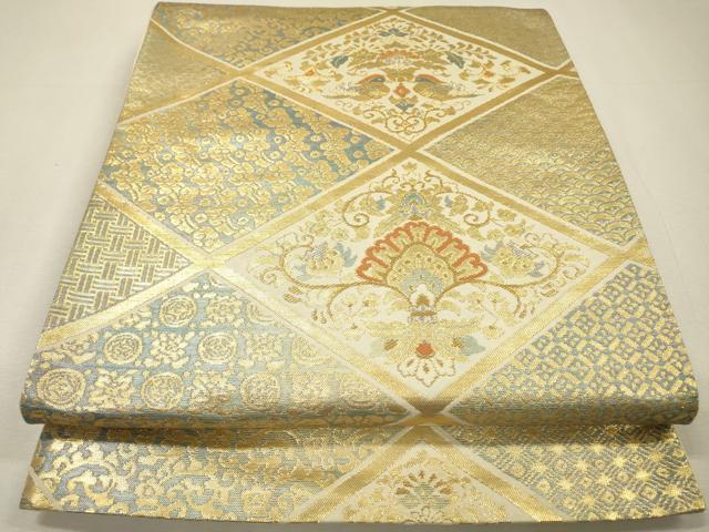 平和屋着物▼西陣　六通柄袋帯　吉祥花鳥菱文　金銀糸　正絹　逸品　DABH7751fe