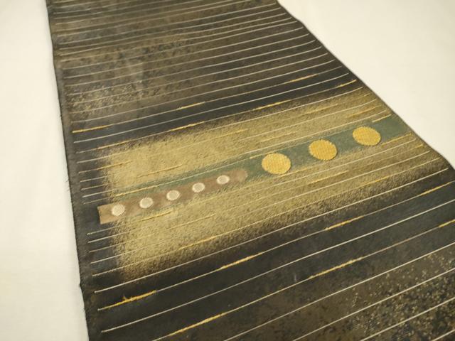 平和屋着物▼京の名門　じゅらく謹製　黄金繭　太鼓柄袋帯　横段花文　黒地　金彩　引箔　正絹　逸品　DABH7753fe