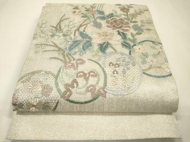 平和屋着物＊夏物　絽刺し　区限刺繍　総刺繍　太鼓柄袋帯　花丸文　金銀糸　正絹　逸品　DABH7760fe