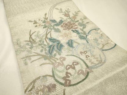平和屋着物＊夏物　絽刺し　区限刺繍　総刺繍　太鼓柄袋帯　花丸文　金銀糸　正絹　逸品　DABH7760fe