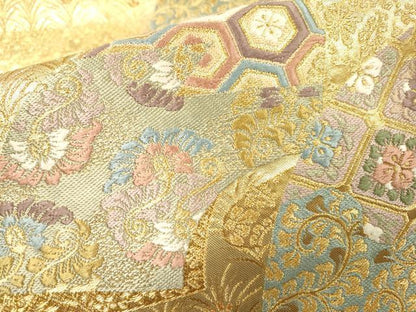 平和屋着物▼六通柄袋帯　唐織　地紙吉祥花文　全通箔　金糸　正絹　逸品　DABH7783fe