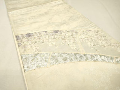 平和屋着物▼太鼓柄袋帯　刺繍　草花　銀彩　正絹　逸品　DABH7808fe