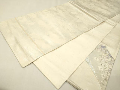平和屋着物▼太鼓柄袋帯　刺繍　草花　銀彩　正絹　逸品　DABH7808fe