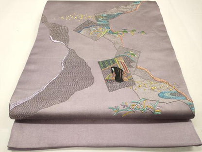平和屋着物▼太鼓柄袋帯　総刺繍　道長女人文　金銀糸　引箔　正絹　逸品　DABH7811fe
