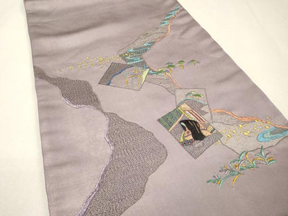平和屋着物▼太鼓柄袋帯　総刺繍　道長女人文　金銀糸　引箔　正絹　逸品　DABH7811fe