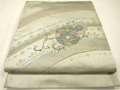 平和屋着物▼中国三大刺繍　スワトウ刺繍　汕頭刺繍　太鼓柄袋帯　螺鈿　向かい鳥花丸文　銀彩　引箔　正絹　逸品　DABH7812fe