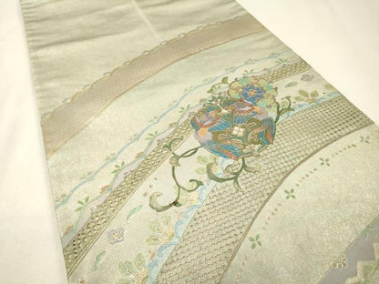 平和屋着物▼中国三大刺繍　スワトウ刺繍　汕頭刺繍　太鼓柄袋帯　螺鈿　向かい鳥花丸文　銀彩　引箔　正絹　逸品　DABH7812fe