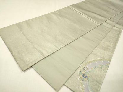 平和屋着物▼中国三大刺繍　スワトウ刺繍　汕頭刺繍　太鼓柄袋帯　螺鈿　向かい鳥花丸文　銀彩　引箔　正絹　逸品　DABH7812fe