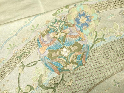 平和屋着物▼中国三大刺繍　スワトウ刺繍　汕頭刺繍　太鼓柄袋帯　螺鈿　向かい鳥花丸文　銀彩　引箔　正絹　逸品　DABH7812fe