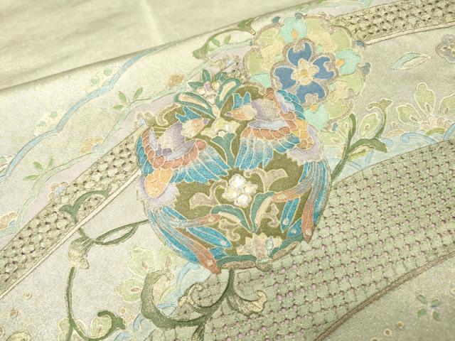 平和屋着物▼中国三大刺繍　スワトウ刺繍　汕頭刺繍　太鼓柄袋帯　螺鈿　向かい鳥花丸文　銀彩　引箔　正絹　逸品　DABH7812fe