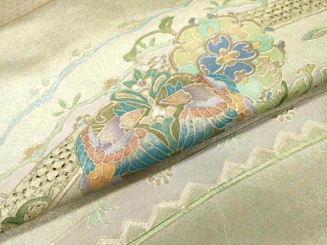 平和屋着物▼中国三大刺繍　スワトウ刺繍　汕頭刺繍　太鼓柄袋帯　螺鈿　向かい鳥花丸文　銀彩　引箔　正絹　逸品　DABH7812fe