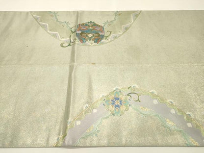 平和屋着物▼中国三大刺繍　スワトウ刺繍　汕頭刺繍　太鼓柄袋帯　螺鈿　向かい鳥花丸文　銀彩　引箔　正絹　逸品　DABH7812fe