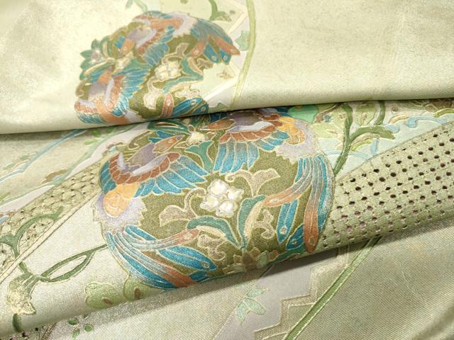 平和屋着物▼中国三大刺繍　スワトウ刺繍　汕頭刺繍　太鼓柄袋帯　螺鈿　向かい鳥花丸文　銀彩　引箔　正絹　逸品　DABH7812fe