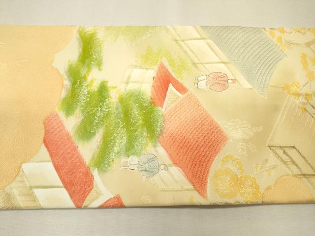 平和屋着物▼九寸名古屋帯　地紋起こし　手描き　人物風景　正絹　逸品　未使用　DABH7826fe