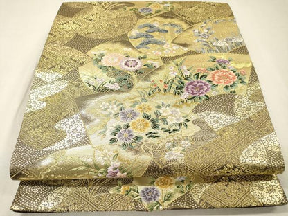 平和屋着物▼両面　全通柄袋帯　唐織　弐図物語　金糸　正絹　逸品　DABH7827fe