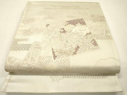 平和屋着物▼中国三大刺繍　スワトウ刺繍　汕頭刺繍　相良刺繍　総刺繍　太鼓柄袋帯　色紙嘉重ね花文　銀糸　正絹　逸品　DABH7831fe