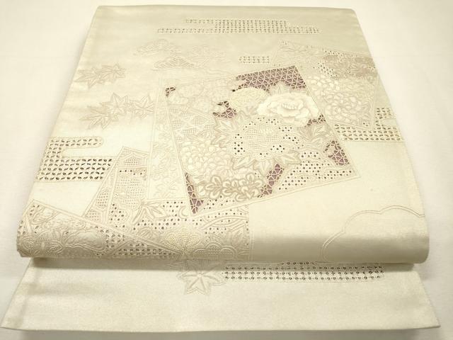 平和屋着物▼中国三大刺繍　スワトウ刺繍　汕頭刺繍　相良刺繍　総刺繍　太鼓柄袋帯　色紙嘉重ね花文　銀糸　正絹　逸品　DABH7831fe