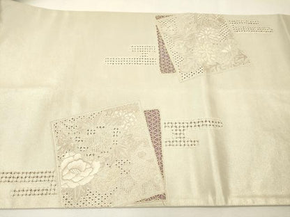 平和屋着物▼中国三大刺繍　スワトウ刺繍　汕頭刺繍　相良刺繍　総刺繍　太鼓柄袋帯　色紙嘉重ね花文　銀糸　正絹　逸品　DABH7831fe