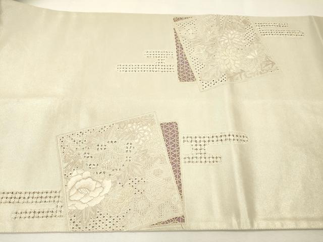 平和屋着物▼中国三大刺繍　スワトウ刺繍　汕頭刺繍　相良刺繍　総刺繍　太鼓柄袋帯　色紙嘉重ね花文　銀糸　正絹　逸品　DABH7831fe