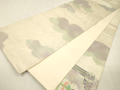 平和屋着物▼太鼓柄袋帯　唐織　休み鳥　銀糸　正絹　逸品　DABH7845fe