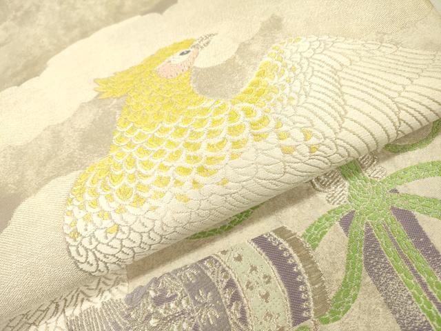 平和屋着物▼太鼓柄袋帯　唐織　休み鳥　銀糸　正絹　逸品　DABH7845fe