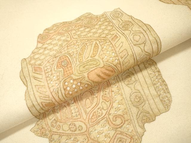 平和屋着物▼中国三大刺繍　スワトウ刺繍　汕頭刺繍　総刺繍　太鼓柄袋帯　花鳥文　金彩　正絹　逸品　未使用　DABH7847fe