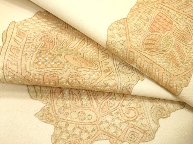 平和屋着物▼中国三大刺繍　スワトウ刺繍　汕頭刺繍　総刺繍　太鼓柄袋帯　花鳥文　金彩　正絹　逸品　未使用　DABH7847fe