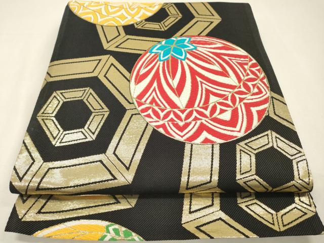 平和屋着物▼六通柄袋帯　唐織　亀甲毬文　黒地　金糸　正絹　逸品　DABH7871fe