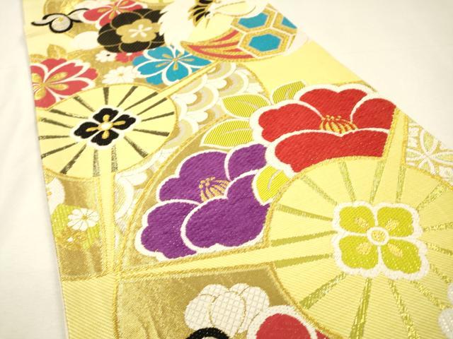 平和屋着物▼六通柄袋帯　唐織　長久扇栄華の舞　金糸　正絹　逸品　未使用　DABH7877fe