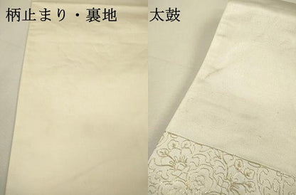 平和屋着物▼太鼓柄袋帯　駒刺繍　総刺繍　更紗花絵皿文　金銀糸　正絹　逸品　DABH7883fe