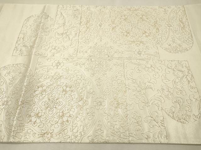平和屋着物▼太鼓柄袋帯　駒刺繍　総刺繍　更紗花絵皿文　金銀糸　正絹　逸品　DABH7883fe
