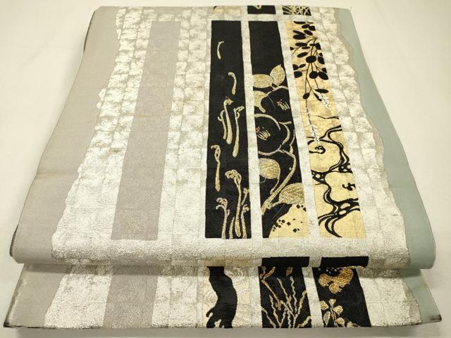平和屋着物▼六通柄袋帯　短冊花松文　金銀糸　正絹　逸品　DABH7884fe