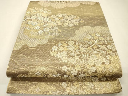 平和屋着物▼六通柄袋帯　雲取り扇面花文　金糸　正絹　逸品　未使用　DABH7885fe