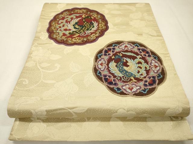 平和屋着物▼絽刺し　区限刺繍　太鼓柄袋帯　鳳凰花絵皿文　金糸　正絹　逸品　DABH7886fe