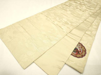 平和屋着物▼絽刺し　区限刺繍　太鼓柄袋帯　鳳凰花絵皿文　金糸　正絹　逸品　DABH7886fe