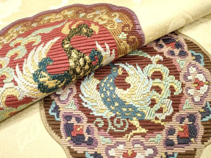 平和屋着物▼絽刺し　区限刺繍　太鼓柄袋帯　鳳凰花絵皿文　金糸　正絹　逸品　DABH7886fe