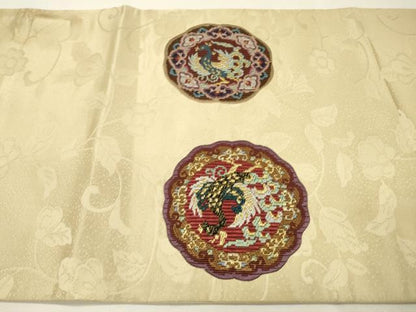 平和屋着物▼絽刺し　区限刺繍　太鼓柄袋帯　鳳凰花絵皿文　金糸　正絹　逸品　DABH7886fe